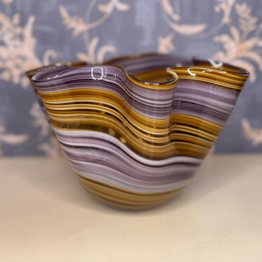 Vintage Estate Murano Style Art Glass Handkerchief Bowl Brown Purple